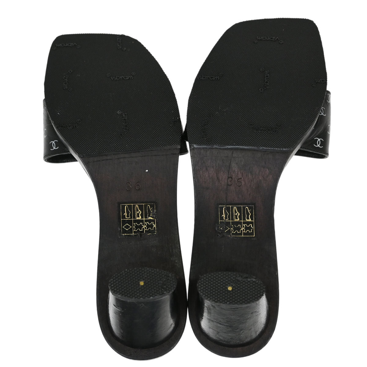 Chanel * CC Black Wood Leather Mules Shoes #36