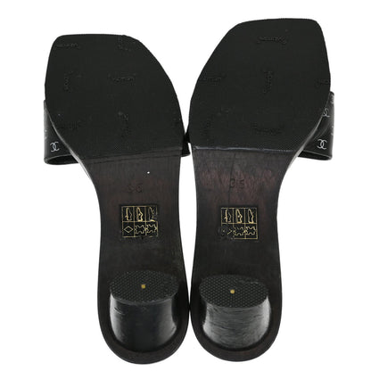 Chanel * CC Black Wood Leather Mules Shoes #36