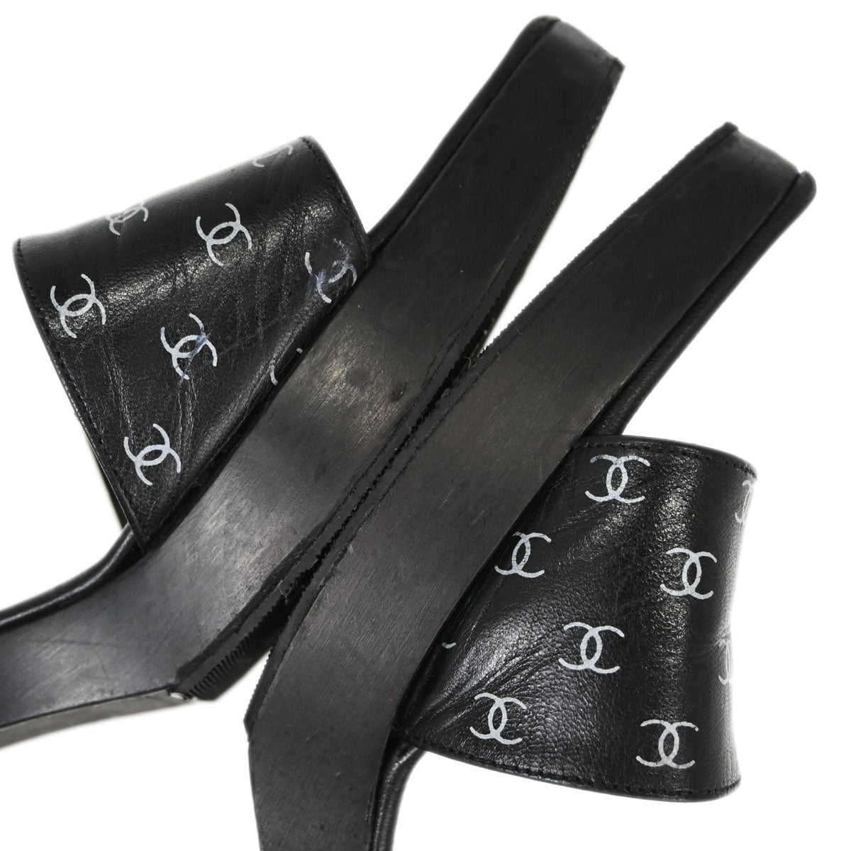 Chanel * CC Black Wood Leather Mules Shoes #36