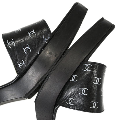 Chanel * CC Black Wood Leather Mules Shoes #36