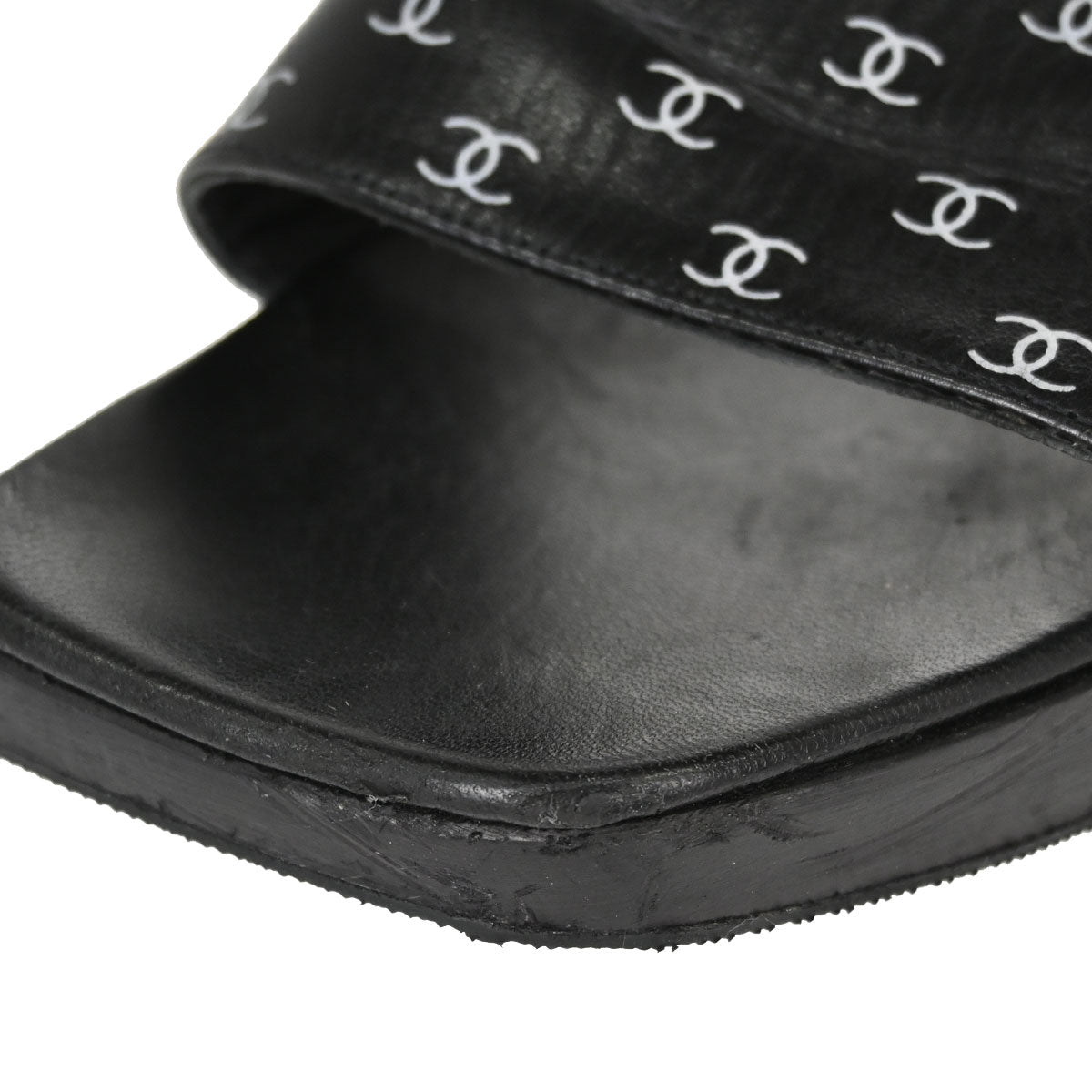 Chanel * CC Black Wood Leather Mules Shoes #36
