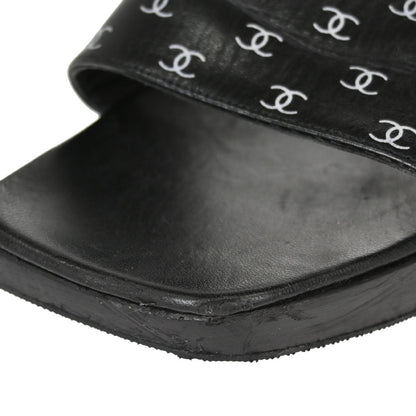 Chanel * CC Black Wood Leather Mules Shoes #36