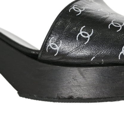 Chanel * CC Black Wood Leather Mules Shoes #36