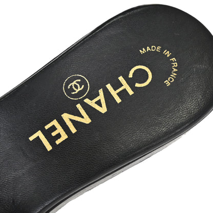 Chanel * CC Black Wood Leather Mules Shoes #36