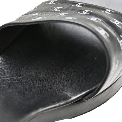 Chanel * CC Black Wood Leather Mules Shoes #36