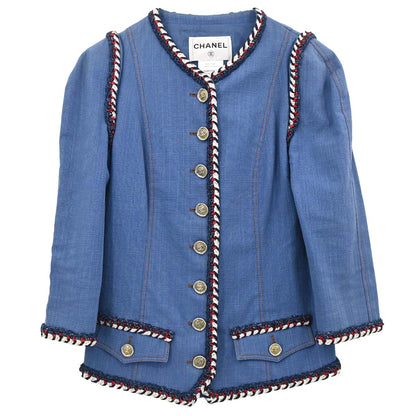 Chanel 2013 Single Breasted Collarless Jacket Blue #34