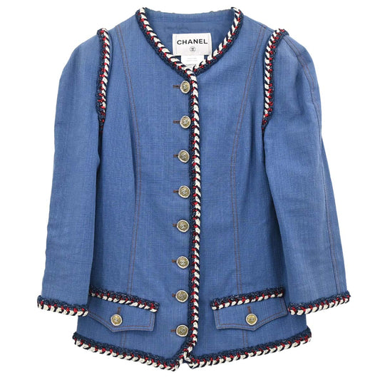 Chanel 2013 Single Breasted Collarless Jacket Blue #34
