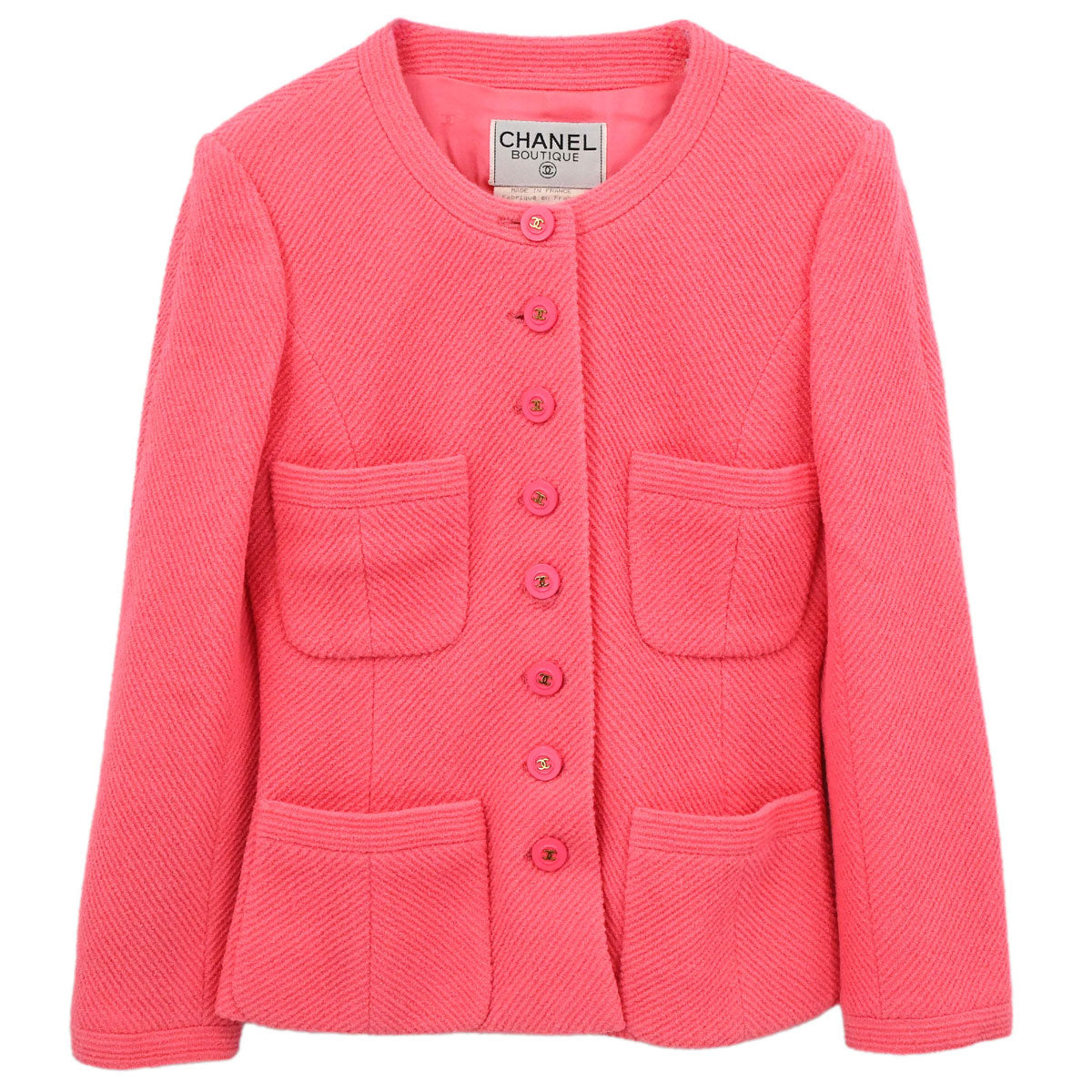 Chanel 1995 Single Breasted Collarless Tweed Jacket Pink #38