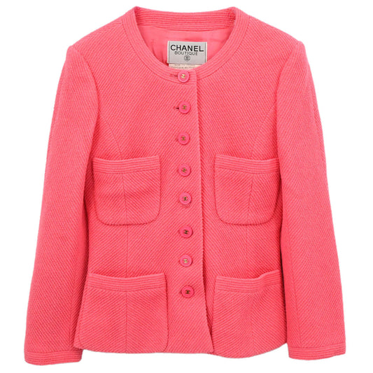 Chanel 1995 Single Breasted Collarless Tweed Jacket Pink #38
