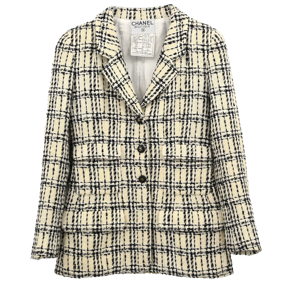 Chanel 1995 Single Breasted Tweed Check Jacket Ivory #36