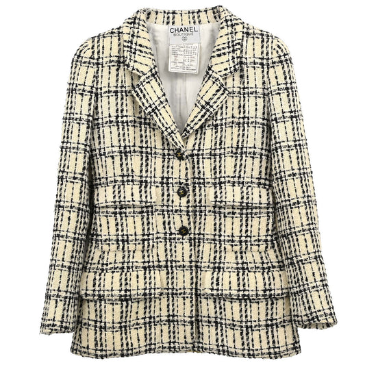 Chanel 1995 Single Breasted Tweed Check Jacket Ivory #36