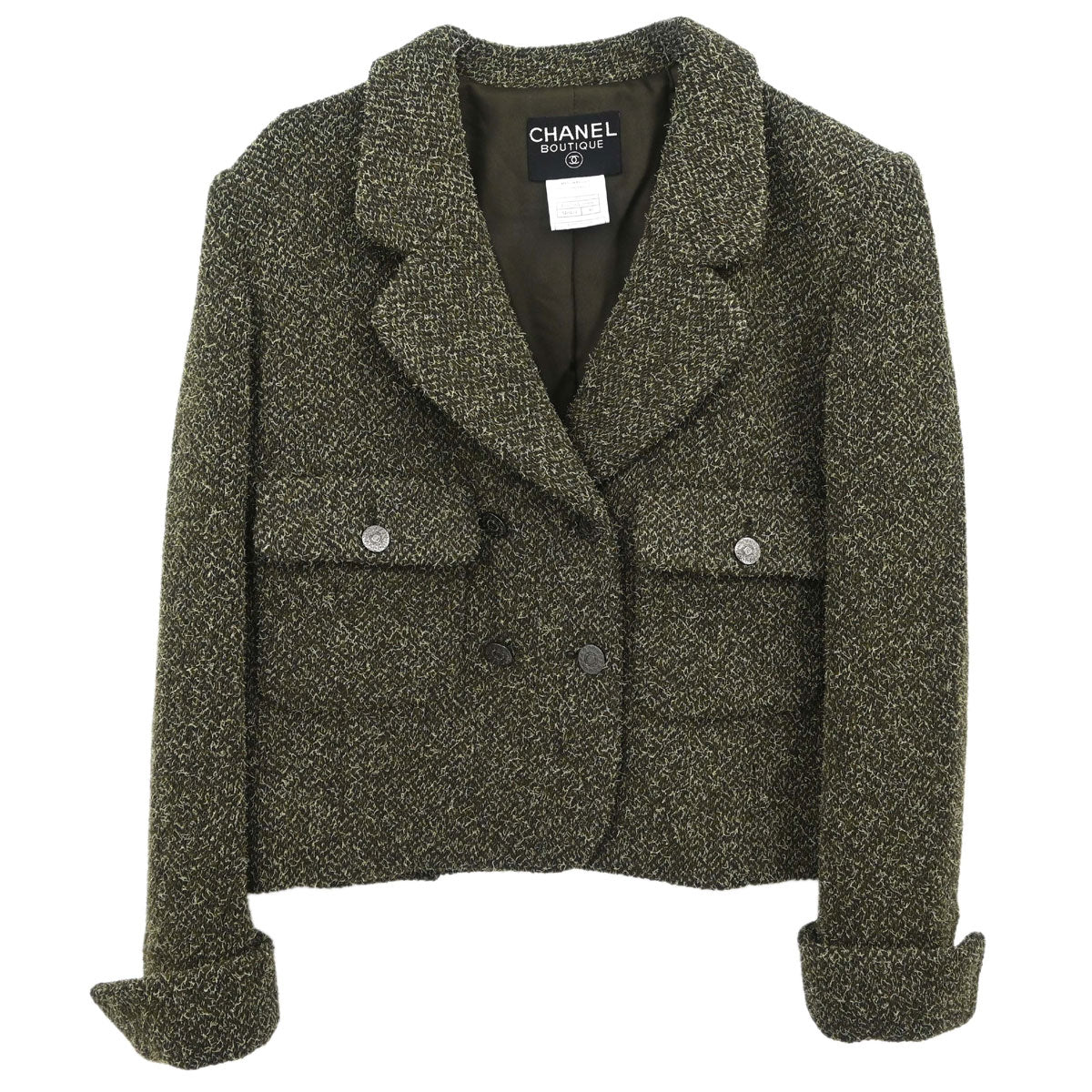 Chanel 1997 Double Breasted Tweed Jacket Khaki #40