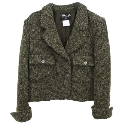 Chanel 1997 Double Breasted Tweed Jacket Khaki #40