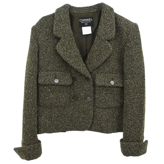 Chanel 1997 Double Breasted Tweed Jacket Khaki #40