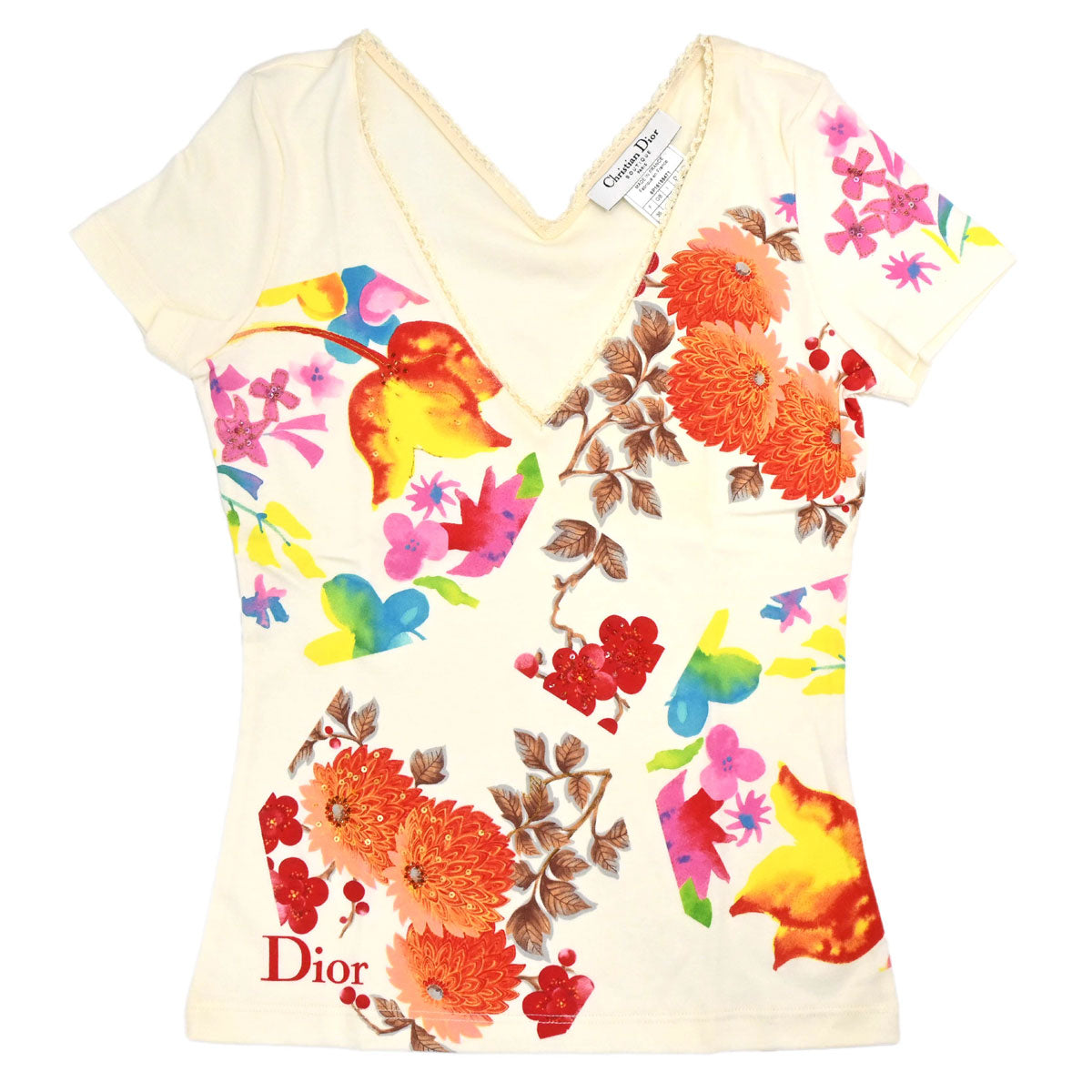 Christian Dior 2006 Floral T-shirt Sequins Beads Ivory #36