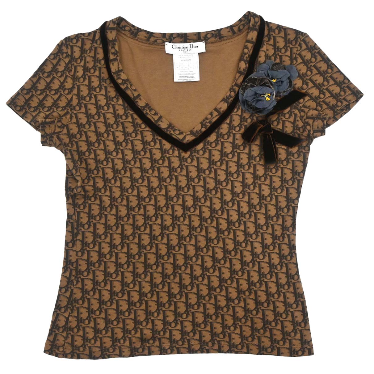 Christian Dior 2005 Romantic Trotter T-shirt Top Corsage Bow Brown #38
