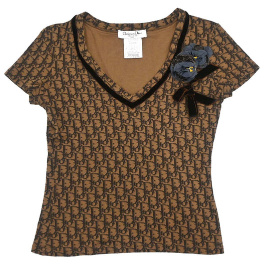 Christian Dior 2005 Romantic Trotter T-shirt Top Corsage Bow Brown #38