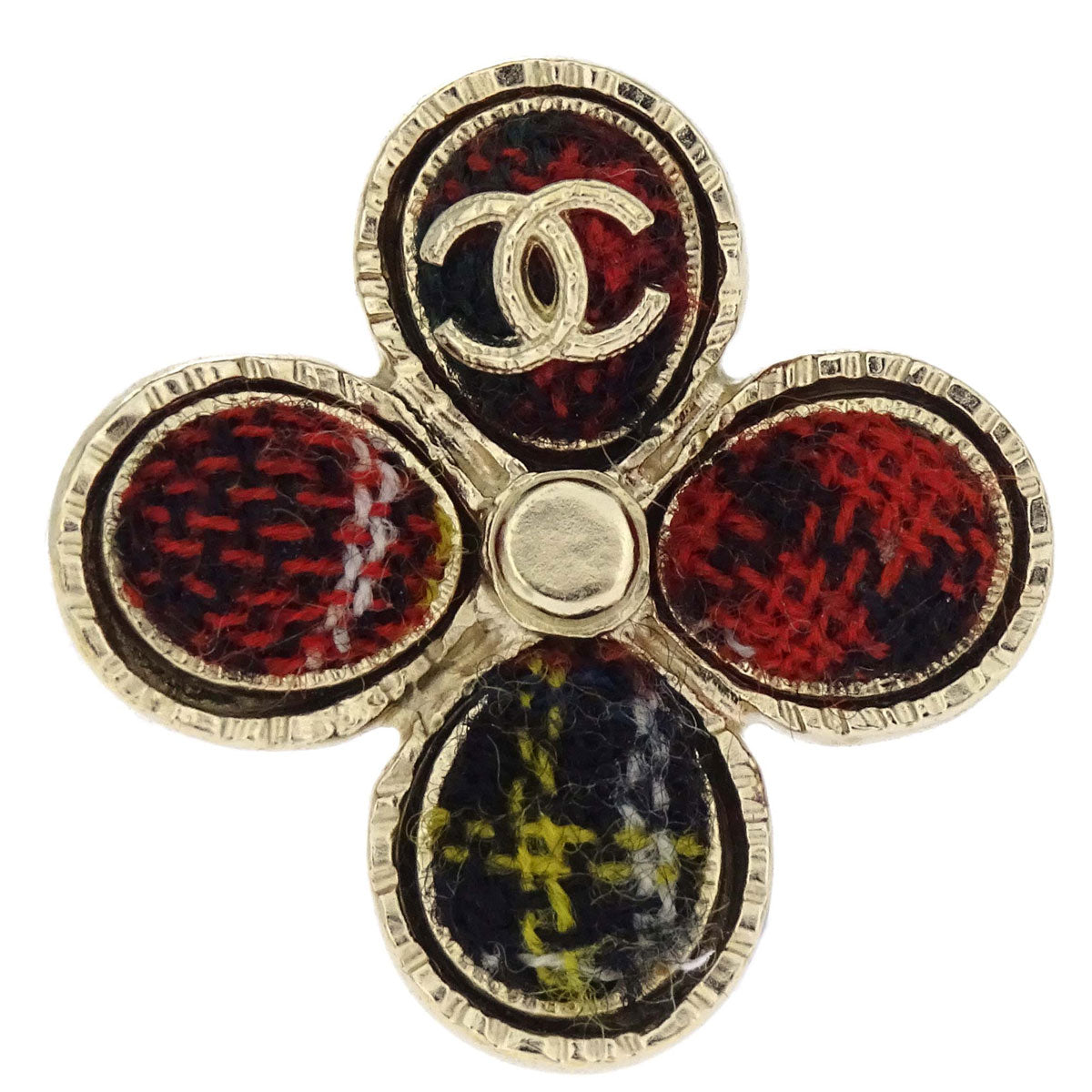 Chanel Ring Tweed Check Clover CC Gold Red #51 A13A