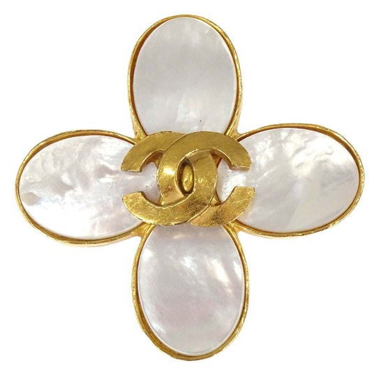 Chanel Cross Brooch Pin Gold Shell 95A