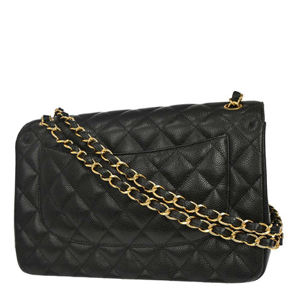 Chanel 2019 Black Caviar Skin Jumbo Classic Double Flap Shoulder Bag