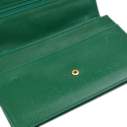 Chanel 1996-1997 Green Caviar Skin Bifold Long Wallet