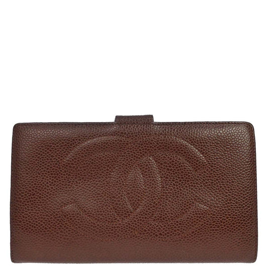 Chanel Brown Caviar Skin Long Bifold Wallet Purse