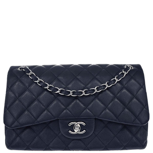 Chanel 2014 Navy Caviar Skin Jumbo Classic Double Flap Shoulder Bag