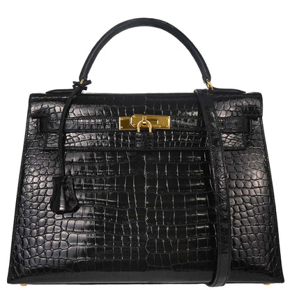 Hermes * Black Porosus Lisse Kelly 32 Sellier 2way Shoulder Handbag