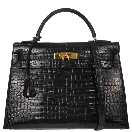 Hermes * Black Porosus Lisse Kelly 32 Sellier 2way Shoulder Handbag