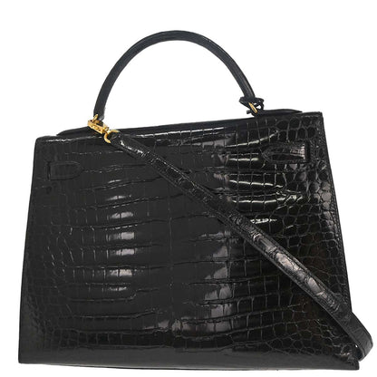 Hermes * Black Porosus Lisse Kelly 32 Sellier 2way Shoulder Handbag