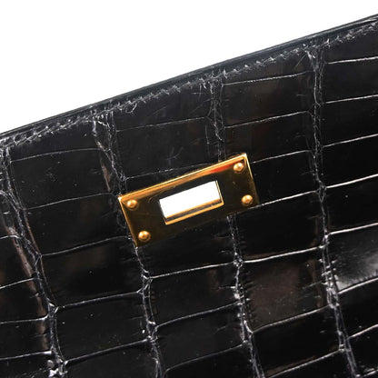 Hermes * Black Porosus Lisse Kelly 32 Sellier 2way Shoulder Handbag