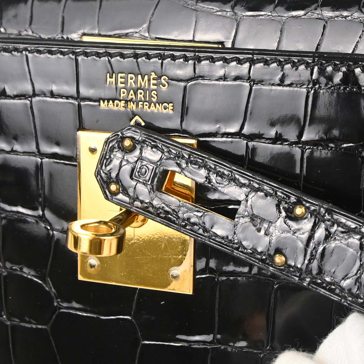 Hermes * Black Porosus Lisse Kelly 32 Sellier 2way Shoulder Handbag