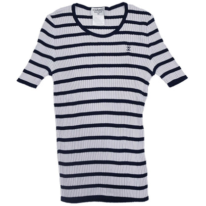 Chanel 1998 Short Sleeve Top Border Gray Navy #44