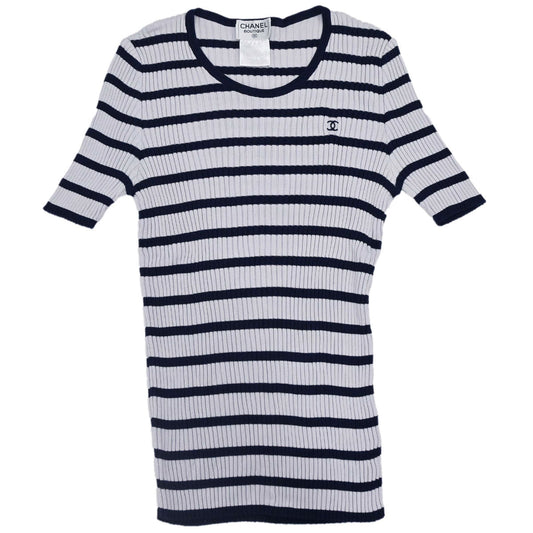 Chanel 1998 Short Sleeve Top Border Gray Navy #44