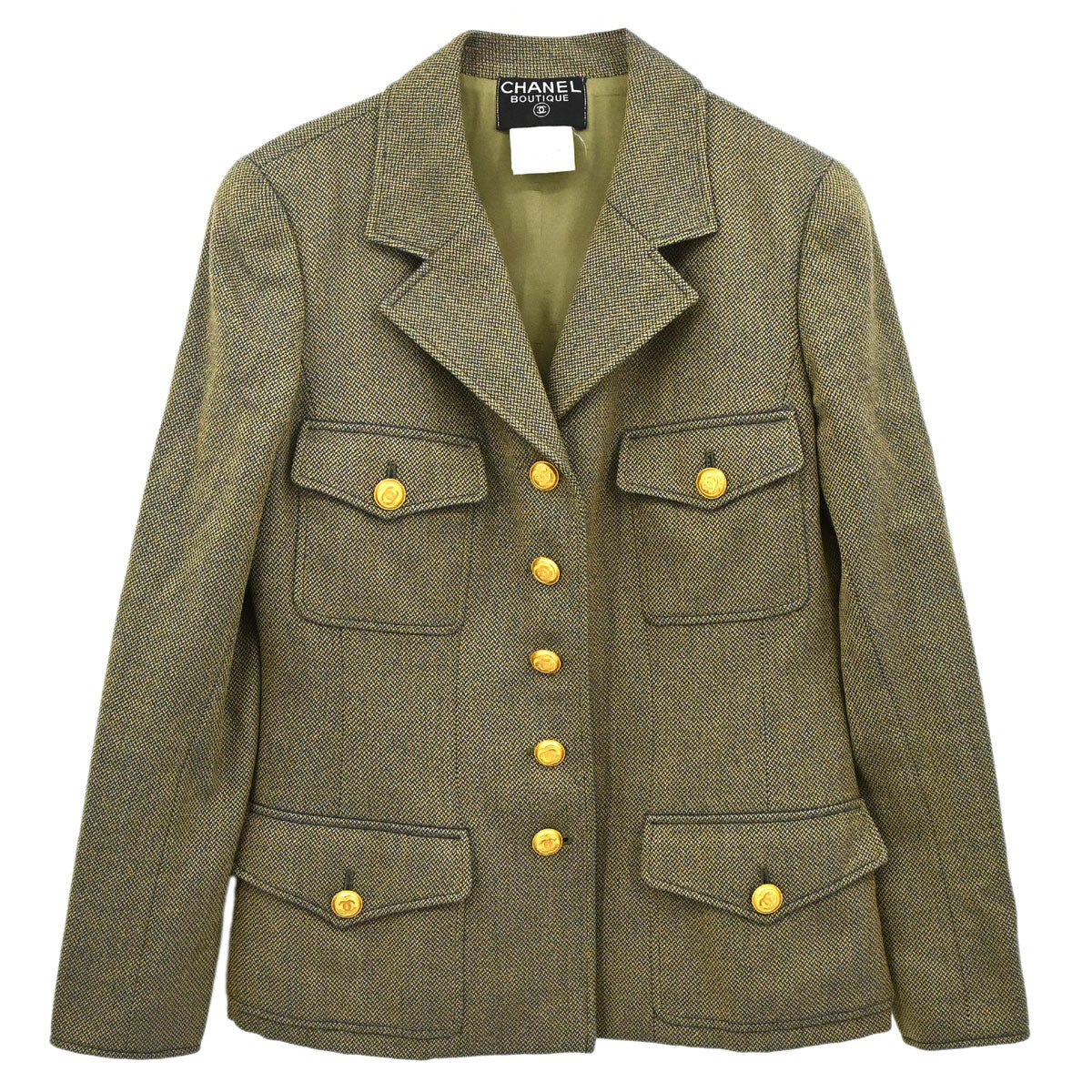 Chanel 1996 Single Breasted Tweed Jacket Khaki #42