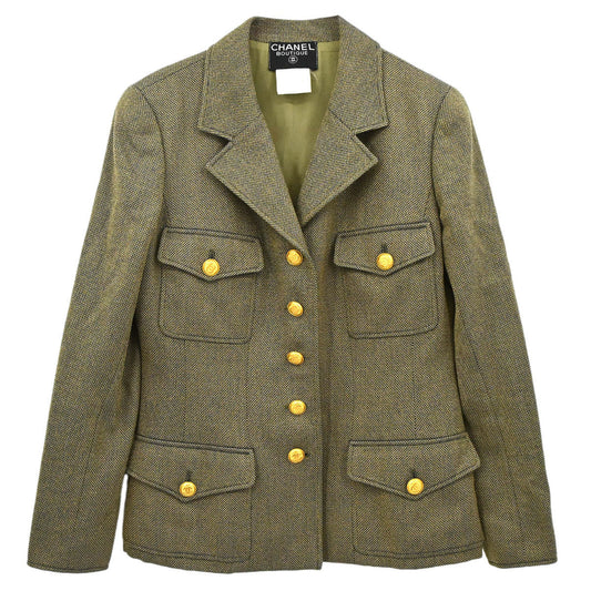 Chanel 1996 Single Breasted Tweed Jacket Khaki #42