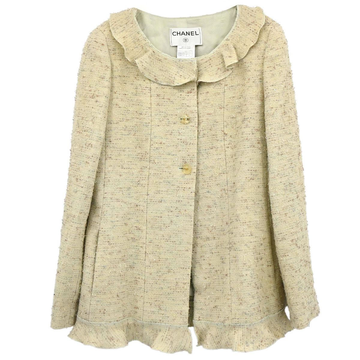 Chanel 1999 Ruffled Collar Jacket Tweed Green #40