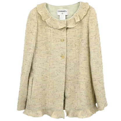 Chanel 1999 Ruffled Collar Jacket Tweed Green #40