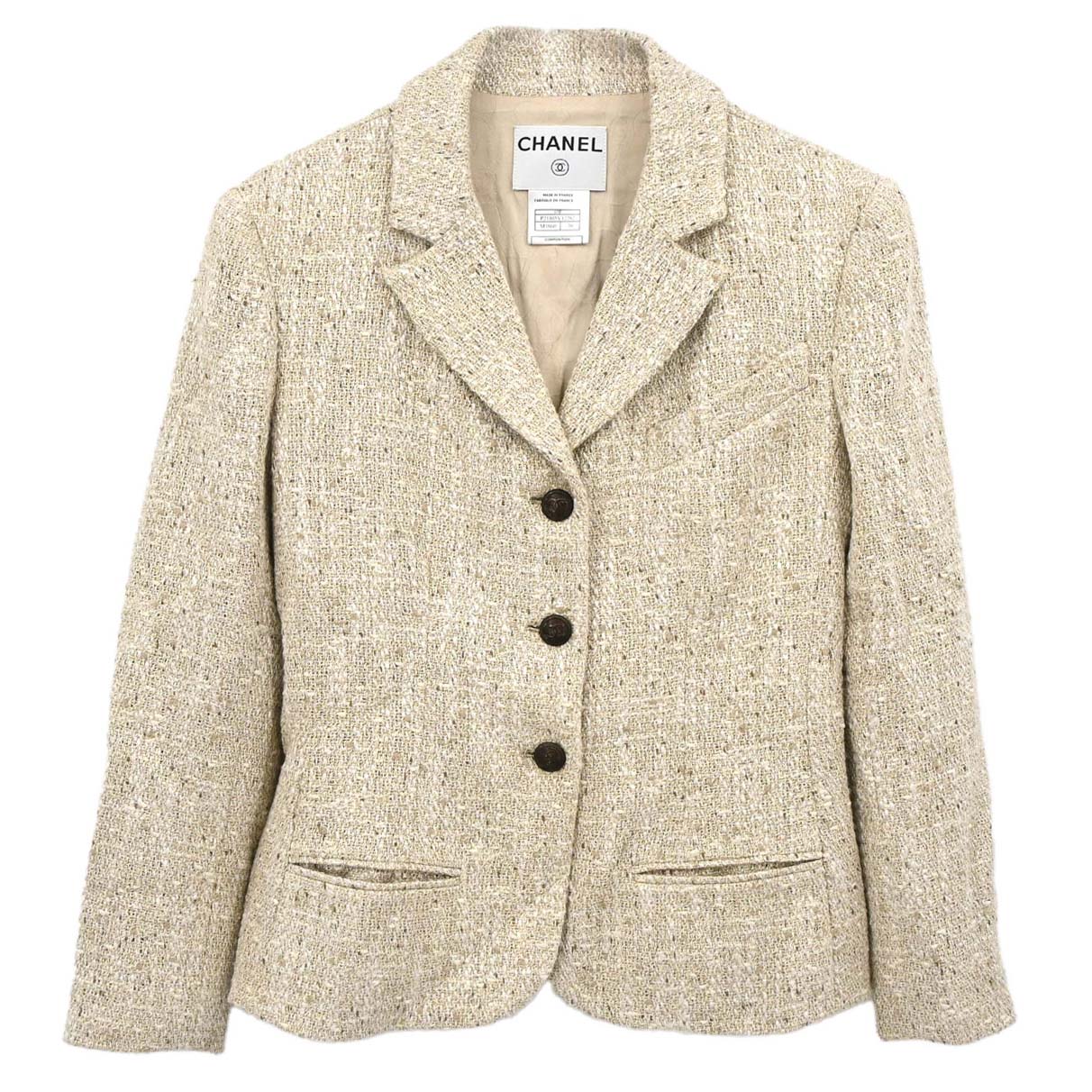 Chanel 2003 Single Breasted Jacket Tweed Beige #38