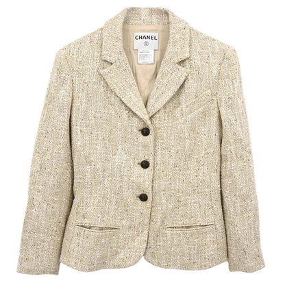 Chanel 2003 Single Breasted Jacket Tweed Beige #38