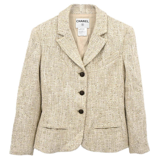 Chanel 2003 Single Breasted Jacket Tweed Beige #38