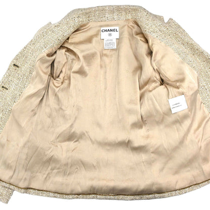 Chanel 2003 Single Breasted Jacket Tweed Beige #38