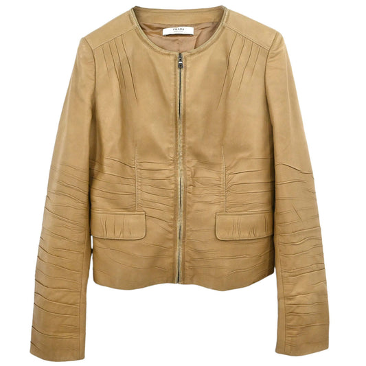 Prada 2006 Collarless Zip Up Jacket Beige #42