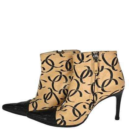 Chanel * CC Beige Black Leather Short Boots Shoes #35 1/2