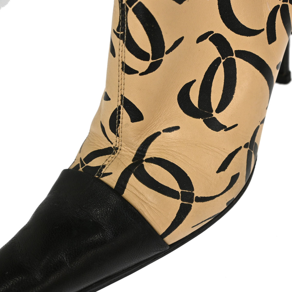 Chanel * CC Beige Black Leather Short Boots Shoes #35 1/2