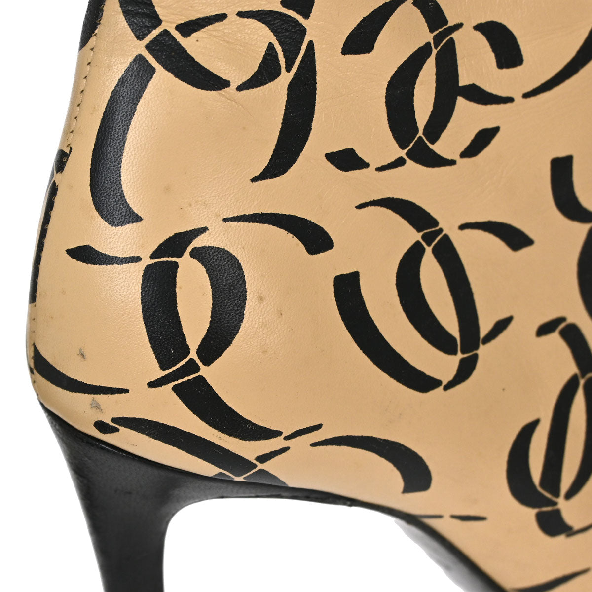 Chanel * CC Beige Black Leather Short Boots Shoes #35 1/2