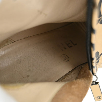 Chanel * CC Beige Black Leather Short Boots Shoes #35 1/2