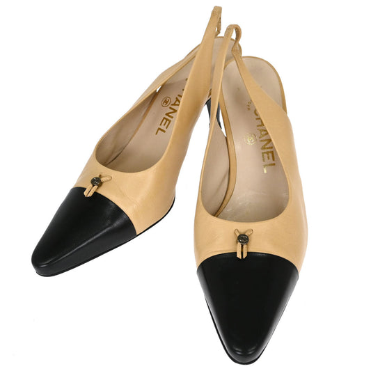 Chanel * Beige Black Leather Pumps Shoes #37 1/2