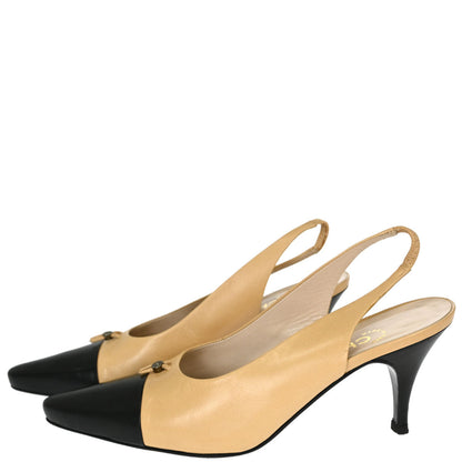 Chanel * Beige Black Leather Pumps Shoes #37 1/2