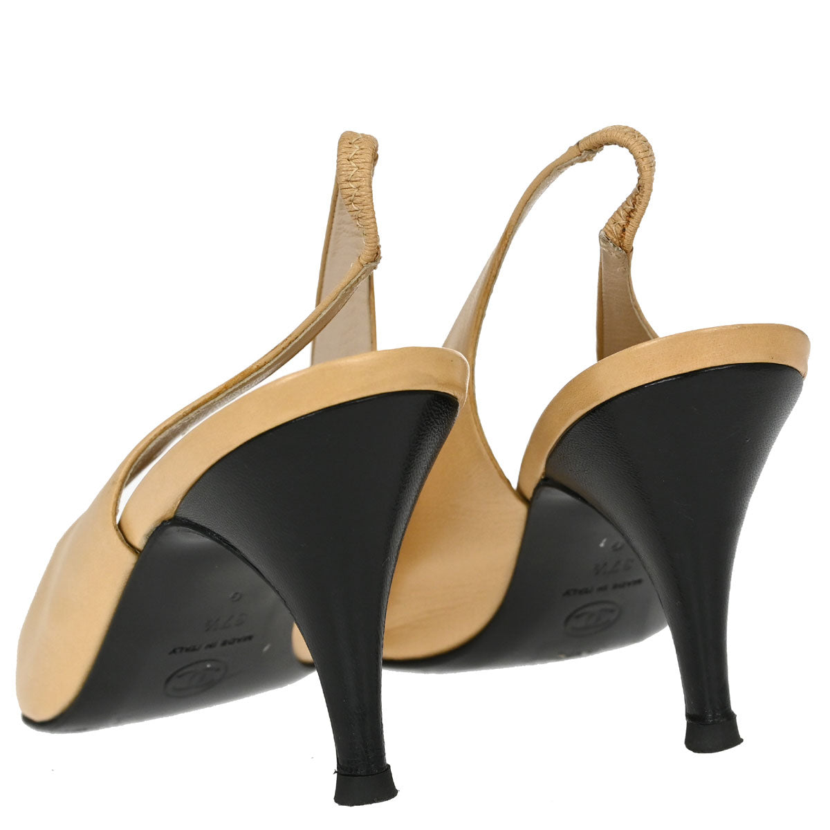 Chanel * Beige Black Leather Pumps Shoes #37 1/2